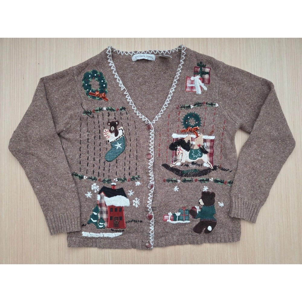 Vtg Victoria Jones Small Christmas Wool Sweater Grandma Cardigan Bear Horse
